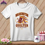 A white t-shirt featuring a quilting graphic and the text 