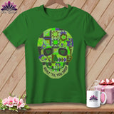 Green t-shirt with a patchwork skull graphic and text 