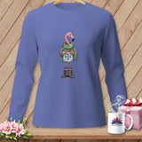 Long-sleeve shirt with cartoon flamingo holding a gift and wearing a scarf.