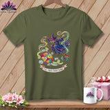 Green t-shirt with a witch sewing image and text 