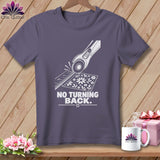 Gray t-shirt with white graphic of rotary cutter, ruler, fabric, and text 