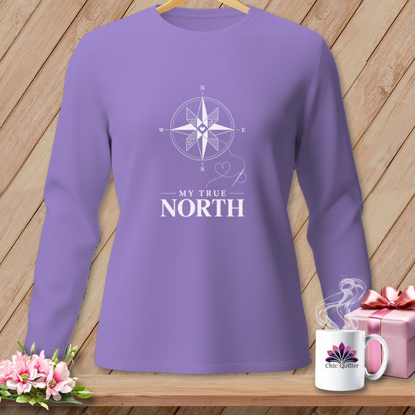 Purple long-sleeved shirt with "My True North" and compass design.