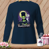 Green Frankenstein-like character sewing with ghost and text 
