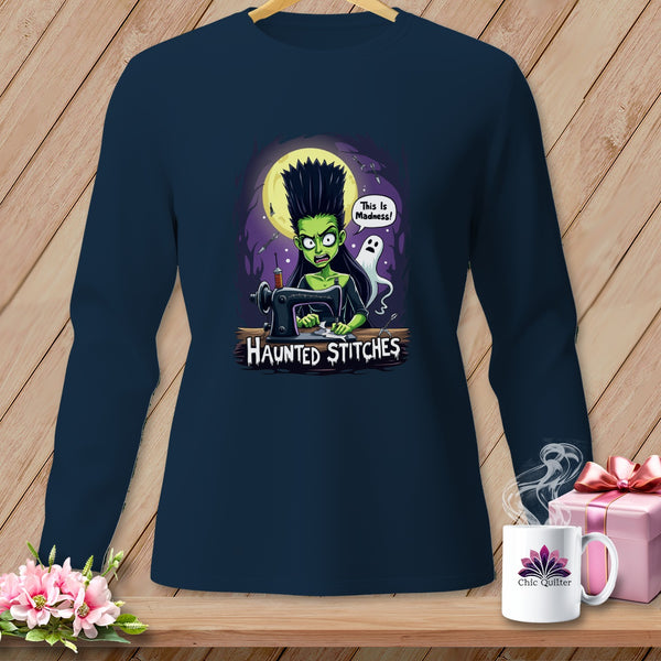 Green Frankenstein-like character sewing with ghost and text "Haunted Stitches".