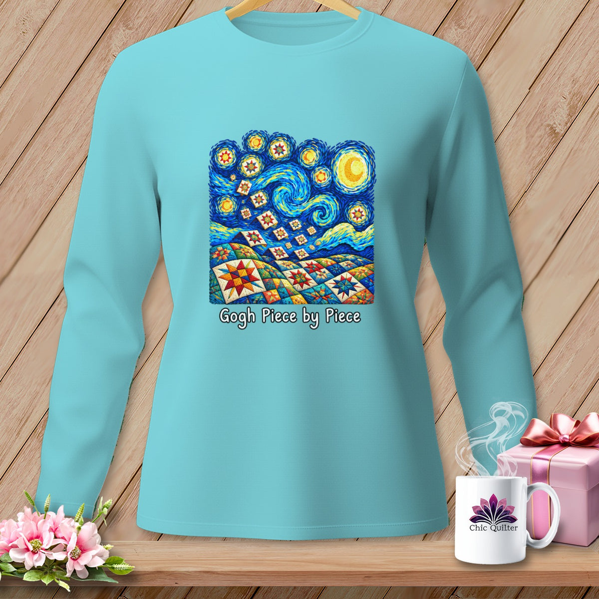 Light blue long-sleeve shirt with a Van Gogh-inspired quilt design and "Gogh Piece by Piece" text.