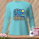 Light blue long-sleeve shirt with a Van Gogh-inspired quilt design and 