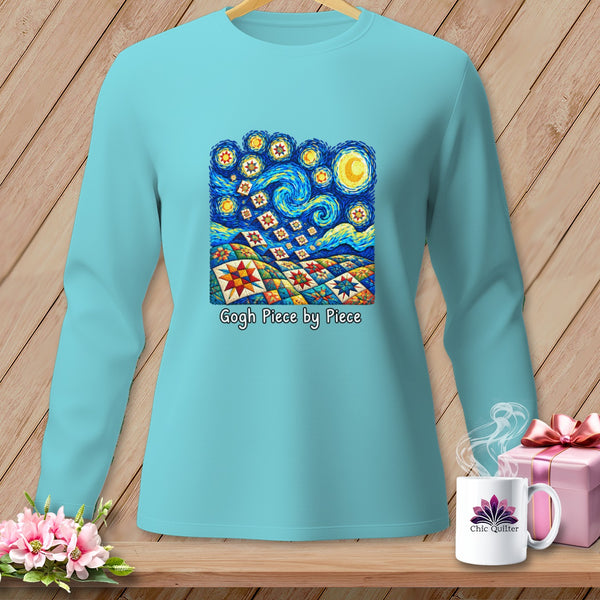 Light blue long-sleeve shirt with a Van Gogh-inspired quilt design and "Gogh Piece by Piece" text.