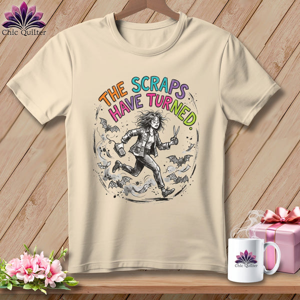T-shirt with a quirky illustration of a person running from flying scraps and bats.