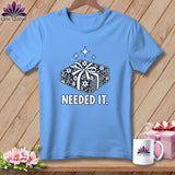 Light blue t-shirt with a stack of folded fabric tied with a bow and 