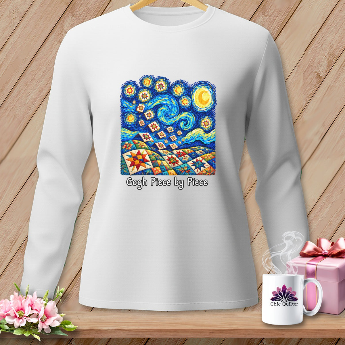 White long-sleeve shirt with "Gogh Piece by Piece" quilt art.