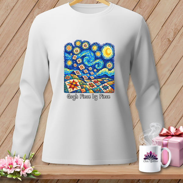 White long-sleeve shirt with "Gogh Piece by Piece" quilt art.