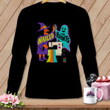 Black long-sleeve shirt with witch, ghost, and sewing machine Halloween graphic.