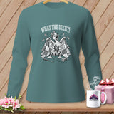 Teal long-sleeved shirt with a graphic of a panicked duck holding a torn quilt.