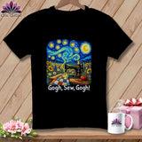Black t-shirt with Van Gogh's Starry Night painting adapted with a sewing machine and sunflowers.
