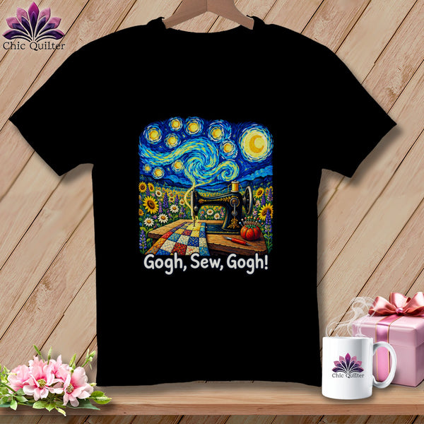 Black t-shirt with Van Gogh's Starry Night painting adapted with a sewing machine and sunflowers.