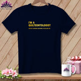 Navy t-shirt with yellow text reading 