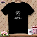 Black t-shirt with patchwork heart graphic and text 