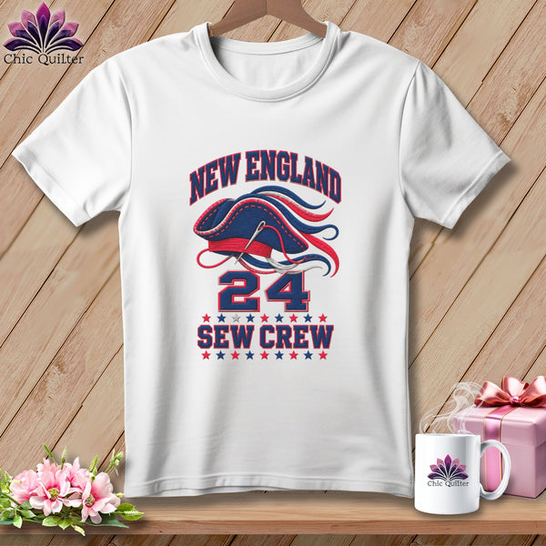 A white t-shirt features a New England 24 Sew Crew graphic with a tricorn hat and stars.