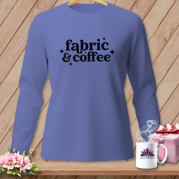 Purple long-sleeved shirt with "fabric & coffee" text, coffee mug, and gift box.
