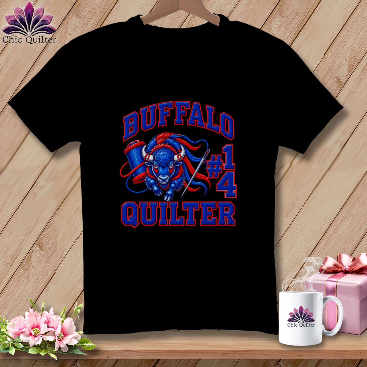 Black t-shirt displaying a blue and red buffalo graphic with the text Buffalo Quilter #14.