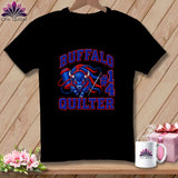 Black t-shirt displaying a blue and red buffalo graphic with the text Buffalo Quilter #14.