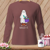 Ghost with glasses holding a purple bag with crafts and 