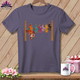 T-shirt with a graphic of colorful bats hanging on a clothesline.