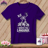 Purple t-shirt with a quilt block character holding a flag and magnifying glass, surrounded by sad quilt blocks.