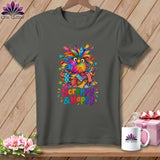Dark gray crewneck t-shirt featuring a colorful patchwork owl in a basket with Scrappy and Happy text.