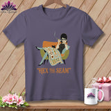 T-shirt with a woman and cat sitting in a chair, text 
