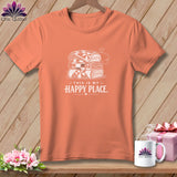 Orange t-shirt with stacked quilts graphic and 