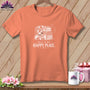 Orange t-shirt with stacked quilts graphic and "This is my happy place" text.