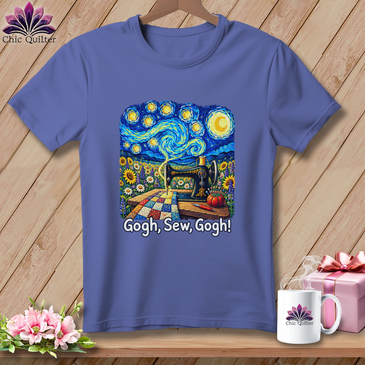 Purple t-shirt with Van Gogh-inspired sewing art and "Gogh, Sew, Gogh!" text.