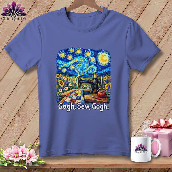 Purple t-shirt with Van Gogh-inspired sewing art and "Gogh, Sew, Gogh!" text.