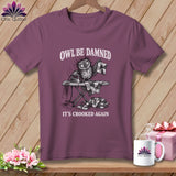 T-shirt with a cartoon owl ironing patchwork quilt squares, text says 