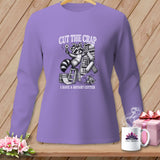 Purple long-sleeve shirt with raccoon holding rotary cutter, 