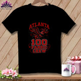 Black t-shirt featuring a red and black Atlanta Fabric Crew graphic with an eagle illustration.