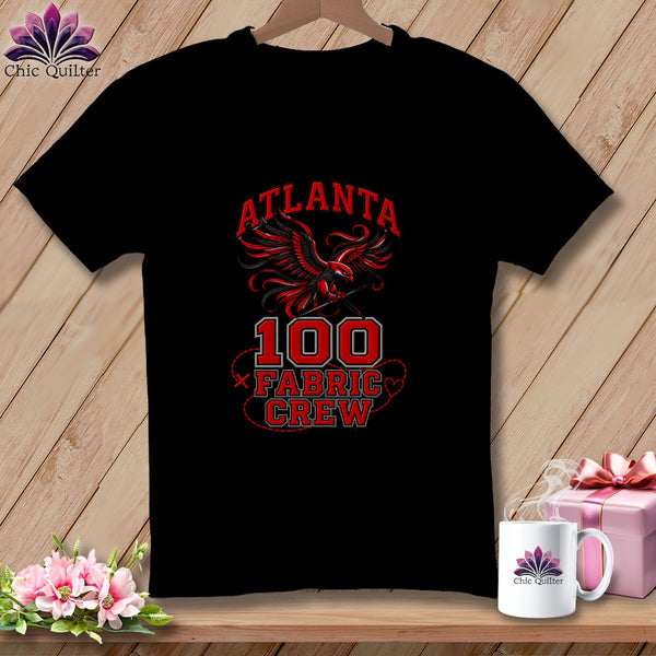 Black t-shirt featuring a red and black Atlanta Fabric Crew graphic with an eagle illustration.