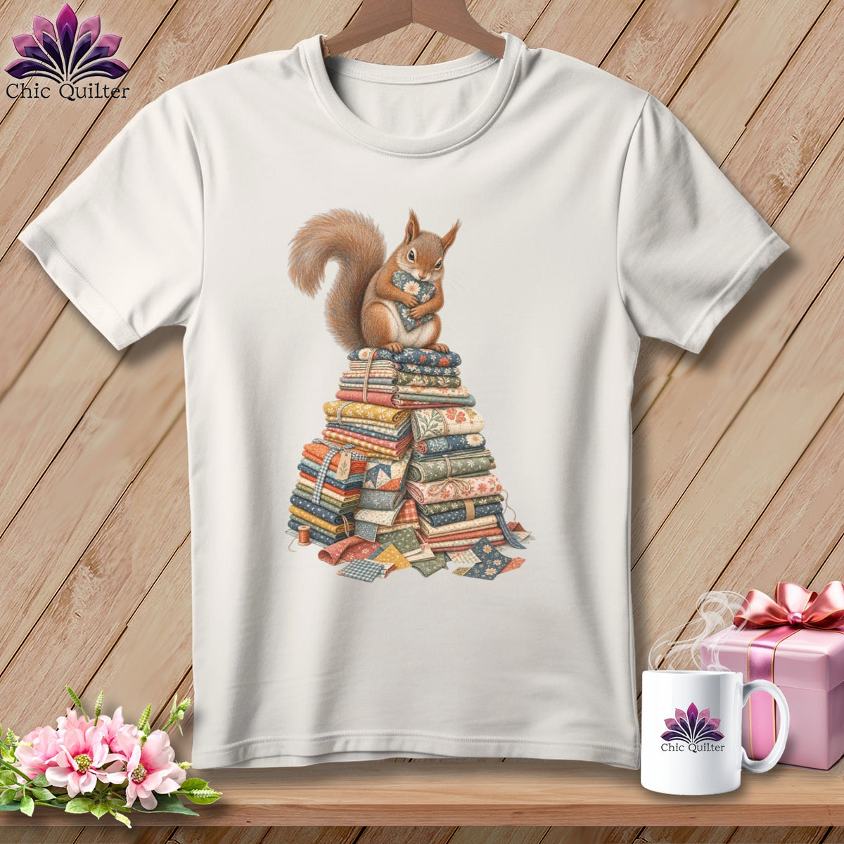 White t-shirt with a squirrel holding a heart on a stack of fabric.