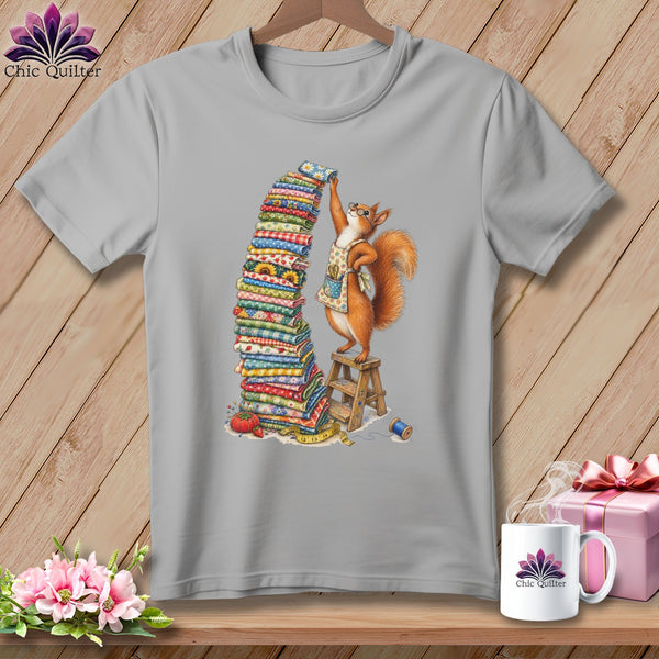 Squirrel in apron stacking fabric with "Chic Quilter" logo.
