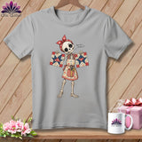 Skeleton wearing bandana and apron holds quilt squares, with text 