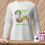 White long-sleeve shirt with Grinch-like hands, fabric bolts, beer, and text.