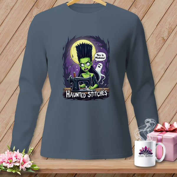Green character sewing with text "Haunted Stitches" and a ghost.