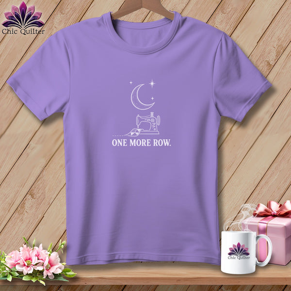 Purple t-shirt with a moon, star, sewing machine, and "ONE MORE ROW." text.