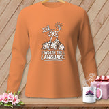 Orange long-sleeve shirt with a quilt square character and 