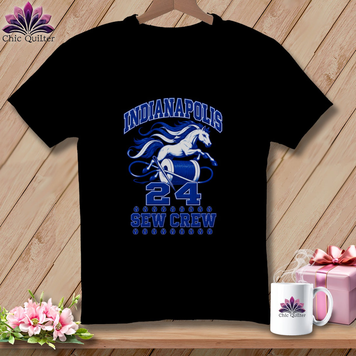 Black t-shirt featuring a blue and white Indianapolis Sew Crew graphic with a horse and thread spool.