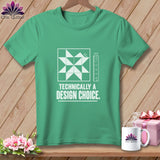 Green t-shirt with quilt block, ruler, and text 