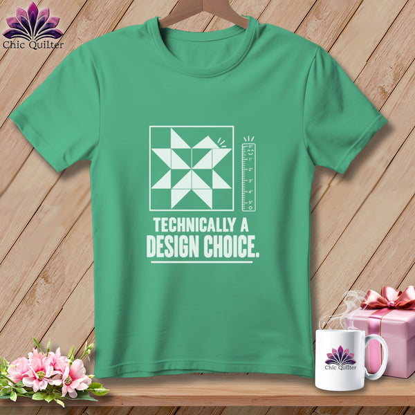 Green t-shirt with quilt block, ruler, and text "Technically a Design Choice."