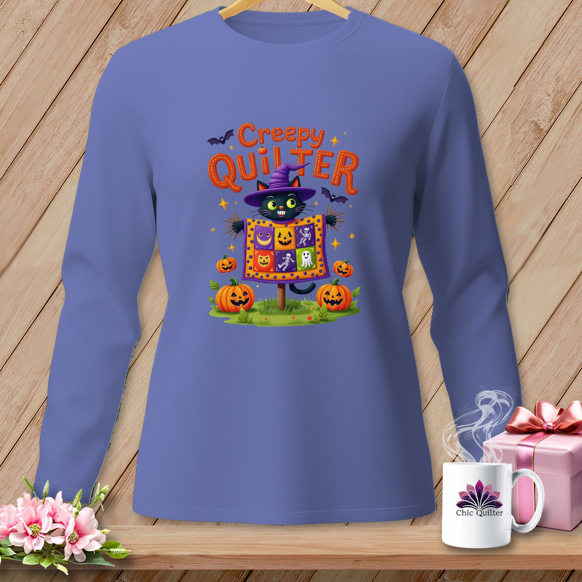 Halloween black cat with pumpkins and text "Creepy Quilter".