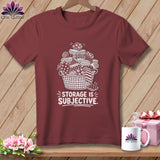 Maroon t-shirt with a white graphic of a basket overflowing with fabric. Text reads 